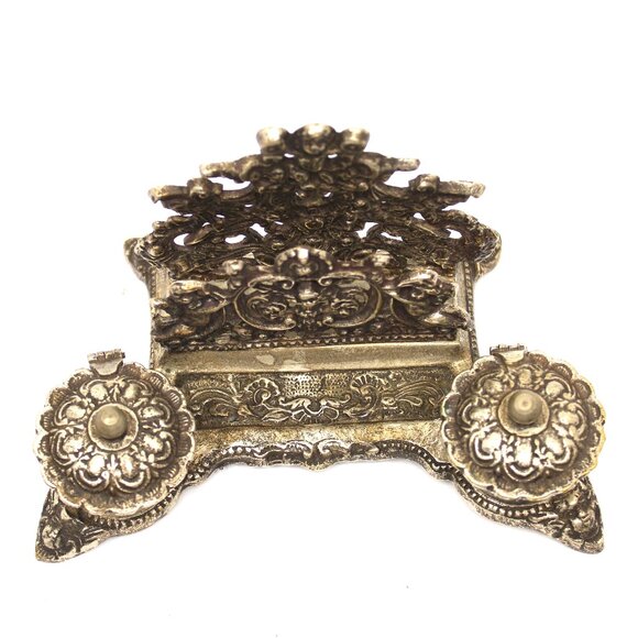 Rococo Style Silver Plated Brass Desktop Double Inkwell w/Cherubs Letter Holder - Picture 3 of 11